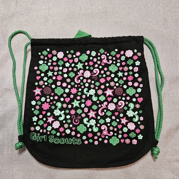 Girl Scouts Other - Girl Scouts Drawstring Bag Black Canvas Pink Green Floral‎ Stars Print Washable